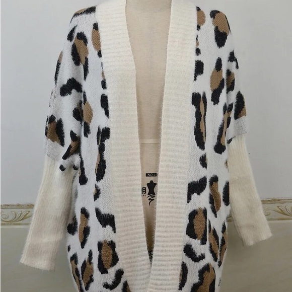 fuzzy women leopard animal print chunky knit jacket open front - Picture 10 of 15
